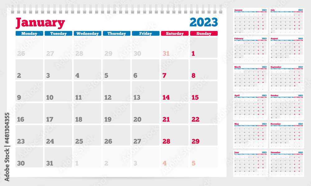 Calendar 2023 planner template. Week Starts on Monday. Set of 12 Months