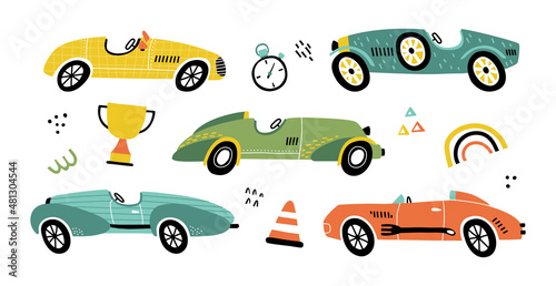 Set of cartoon racing cars with abstract shapes in hand drawn style. Perfect for t-shirt, apparel, cards, poster, nursery decoration. Isolated on beige background vector illustration