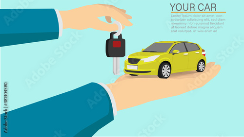 Hand of business man holding yellow car and Key. For buy new car or send to customers. With isolated blue background. And text on top.