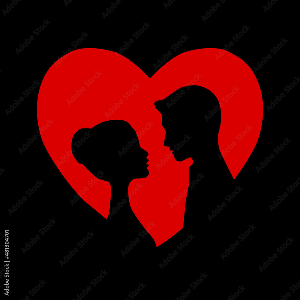 Black silhouettes of loving couple. Silhouette of a couple in love in red heart, postcard for Valentine's day. Flat. Vector illustration