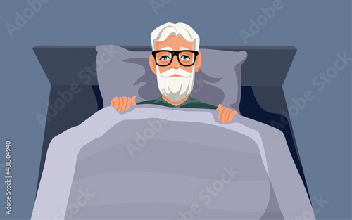 Insomniac Elderly Man Sitting in Bed Vector Illustration