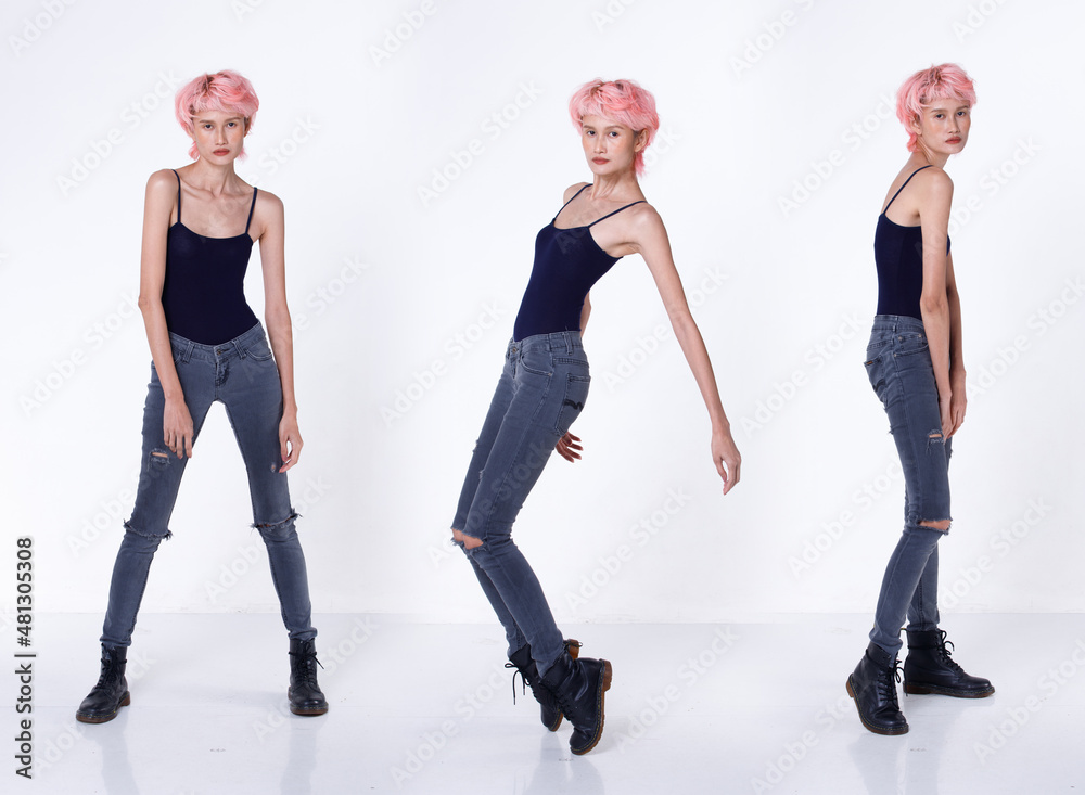 Fototapeta premium Collage Group Full length Figure snap of 30s Asian Woman black hair vast short pant and shoes