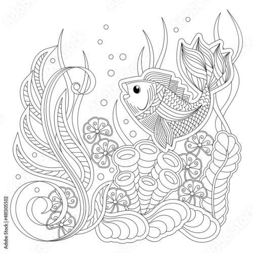 Coloring book page for adult , Under water. Fish and underwater plants, Aquariums.