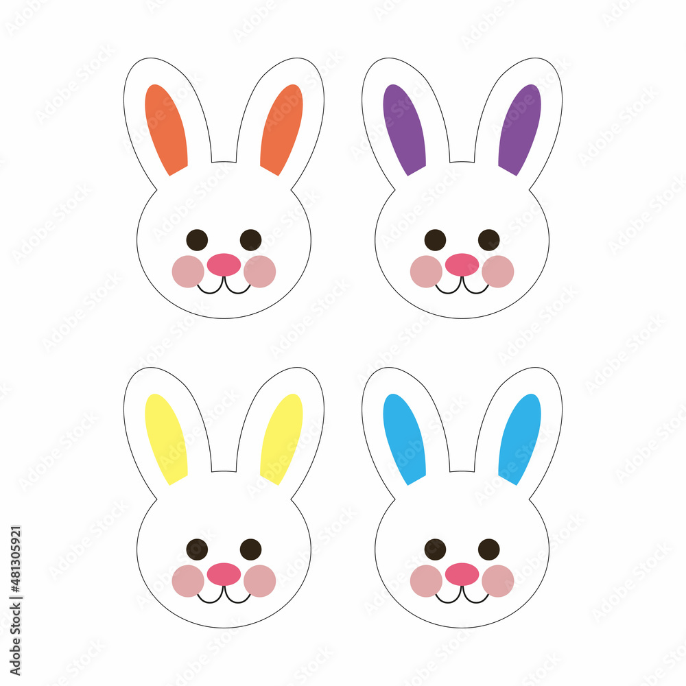 Outlined simple and cute rabbit. Rabbit muzzle isolated on white background. Cute cartoon kawaii funny characters. Set of rabbit faces on white. Vector illustration