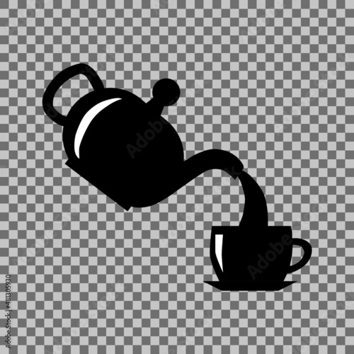 Tea drinking. Tea coffee. The process of pouring drink from teapot into cup. Vector
