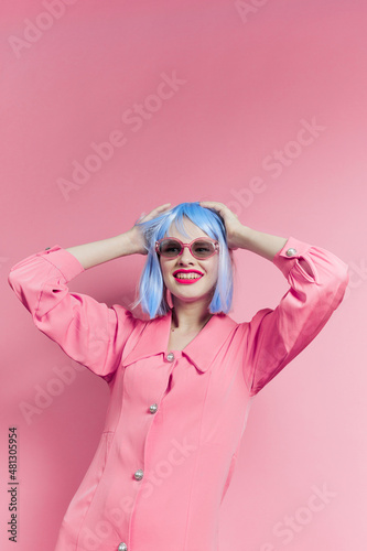 woman in blue wig pink dress red lips Lifestyle posing © SHOTPRIME STUDIO