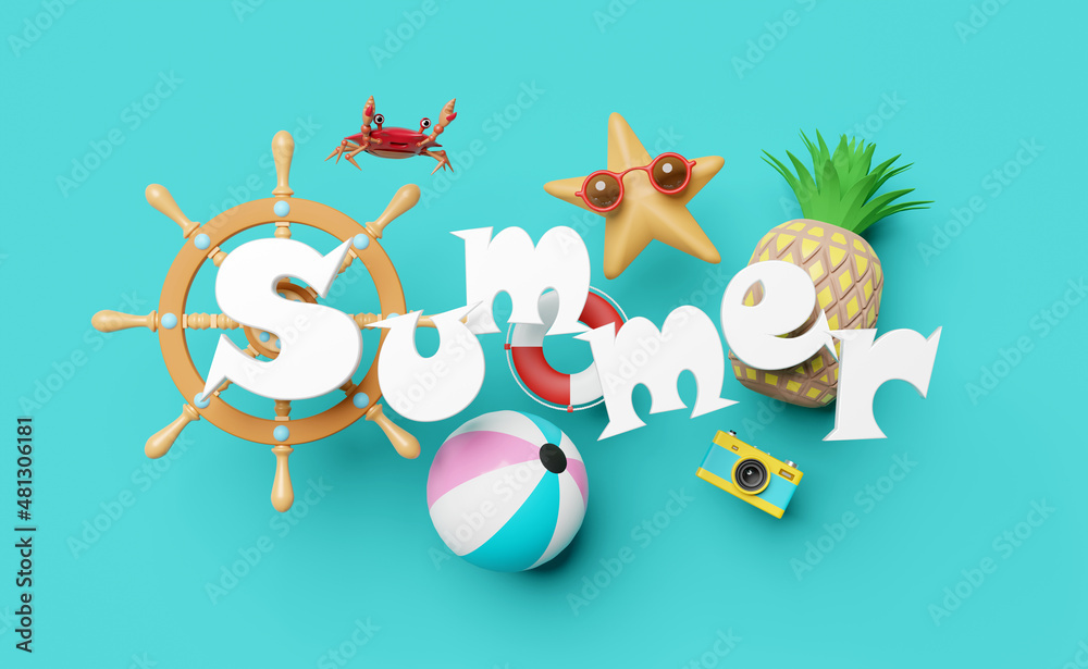 Fototapeta premium 3d summer travel concept with helm, stern wheel, ball, starfish, pineapple, crab, camera, lifebuoy, sunglasses isolated on blue. abstract background, 3d render illustration