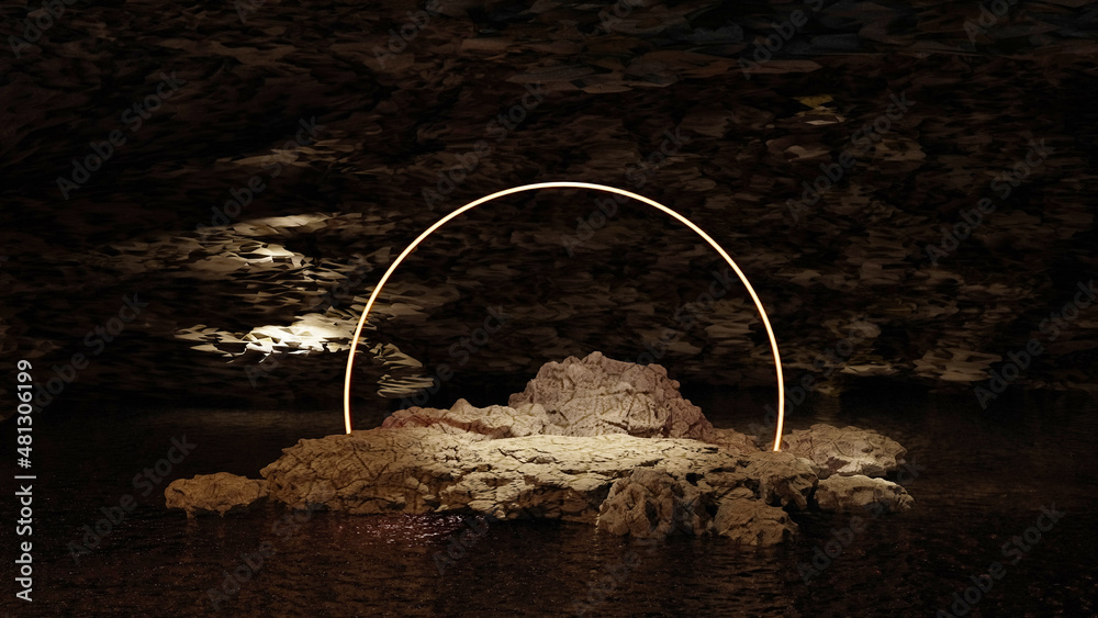 abstract background of neon frame on rock inside the cave , 3D illustration rendering