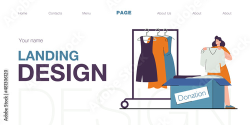 Woman putting clothes in donation box flat vector illustration. Female person putting dress from wardrobe for benefaction. Charity, social care concept for banner, website design or landing web page.