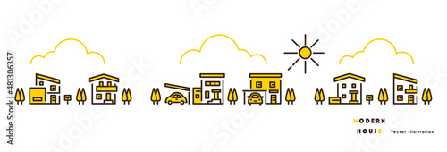 モダンな住宅のイラストセット 黄色のツートーン