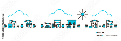 モダンな住宅のイラストセット 水色のツートーン