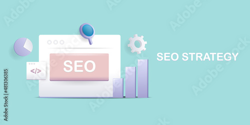 3d conceptual website seo with data analytics, coding programming, web development, graph chart diagram banner illustration. Abstract technology background.