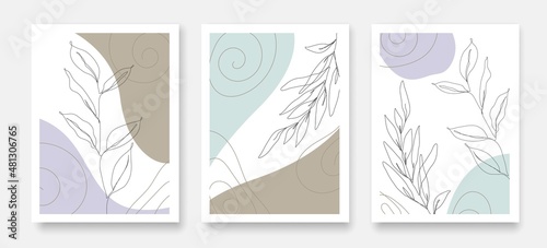 Botanical Poster Set with Line Art Leaves and Organic Shapes. Abstract Botanical Design for Floral Wedding Card,  Invitation, Menu Template, Poster, Print. Vector EPS 10 © Наталья Дьячкова