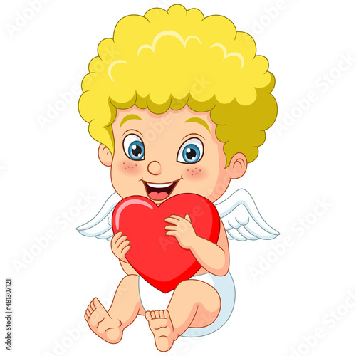 Cute little cupid cartoon holding red hearts