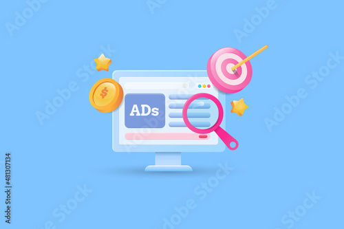 PPC ads, pay per click advertising campaign, website banner ads on screen, seo, digital marketing 3d conceptual illustration, abstract technology background, internet technology.