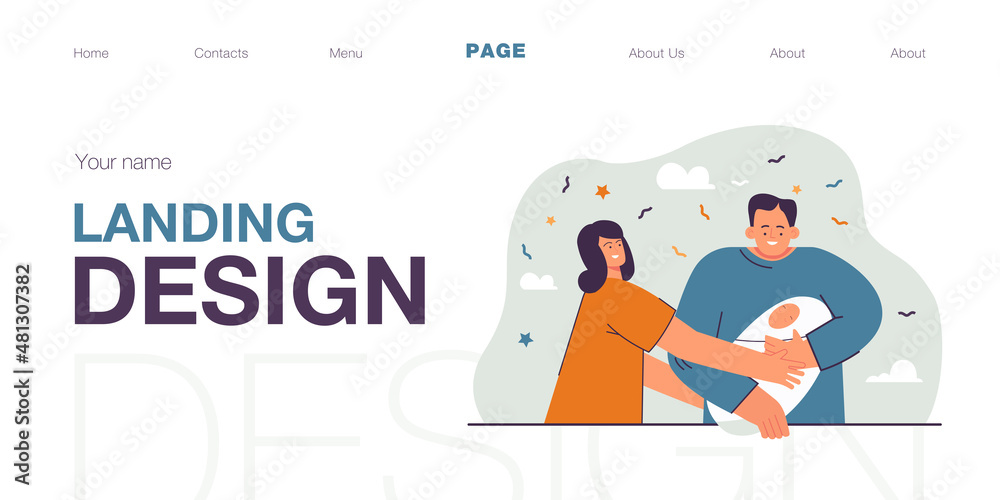 Wife giving newborn baby to her husband flat vector illustration. Happy couple after maternity hospital celebrating birth of child. Parenthood, family, birthday concept Wife giving newborn baby to her husband flat vector illustration. Happy couple after maternity hospital celebrating birth of child. Parenthood, family, birthday concept