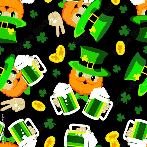 Happy Leprechaun head with green beer glasses. Seamless pattern. St Patrick's day vector illustration.