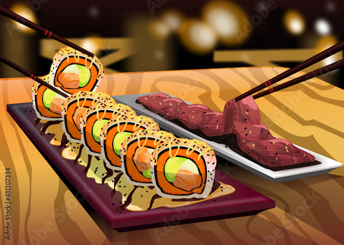 maki sushi and sashimi on a table vector illustration
