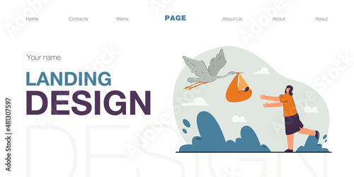 Stork giving newborn baby to mother. Woman happy to be mother flat vector illustration. Sky in background. Birth, maternity concept for banner, website design or landing web page.