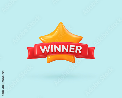 Vector 3d winner red ribbon with golden star. Award cartoon icon. Big win design element 