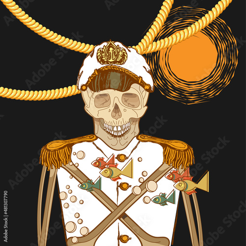 A skeleton in a captain's uniform and cap against the background of ship's ropes and the evening sun. Dark background. Vector illustration