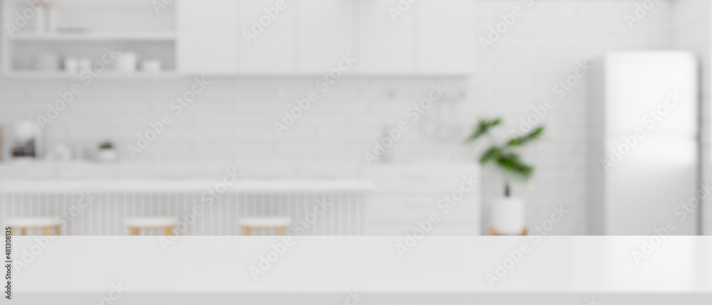 Elegance white and bright kitchen room interior background with kitchen island. - obrazy, fototapety, plakaty 