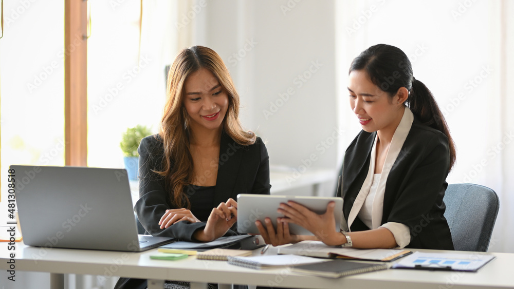 Female worker with her colleague planning project together in office. Female worker with her colleague planning project together in office.