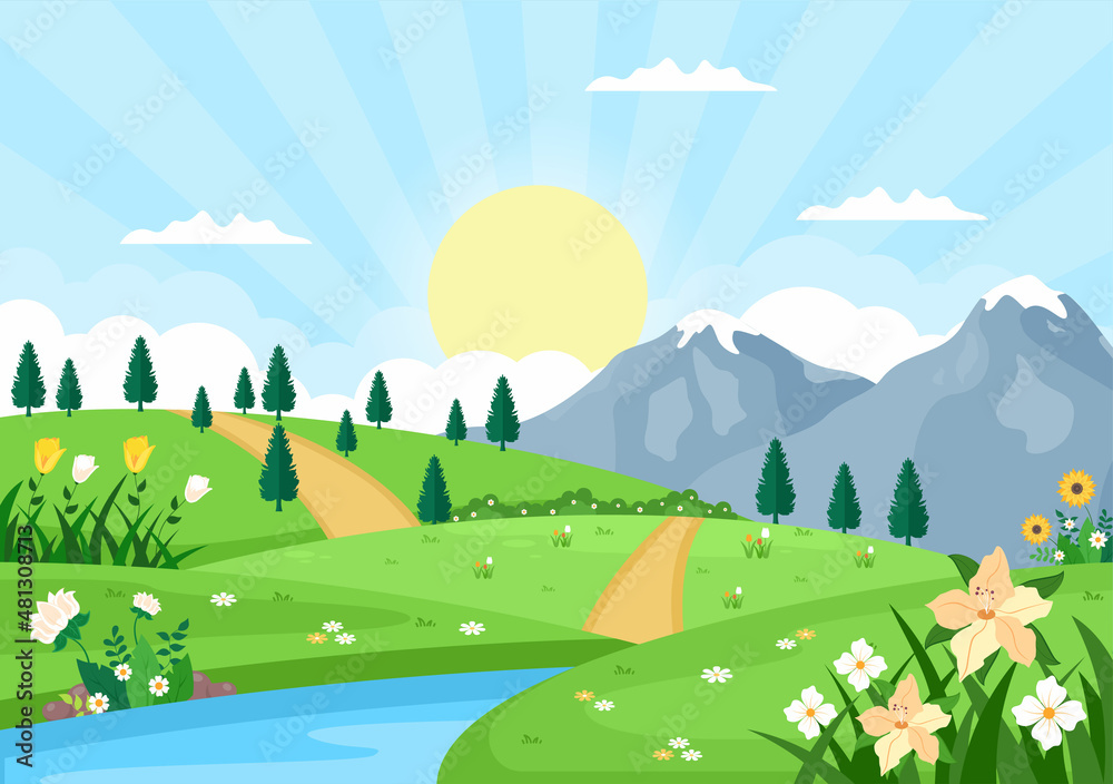Obraz premium Spring Time Landscape Background with Flowers Season, Rainbow and Plant for Promotions, Magazines, Advertising or Websites. Nature Vector illustration