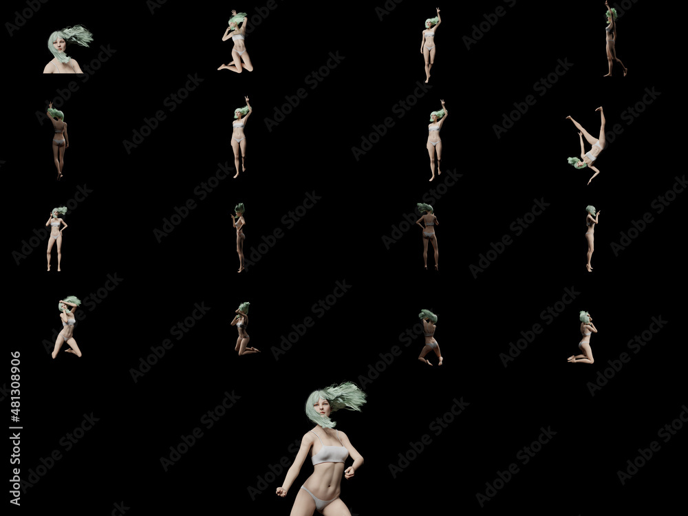 set of female slender figures with greens and hair and in lingerie with an expression on his face and on a light background 3D illustration