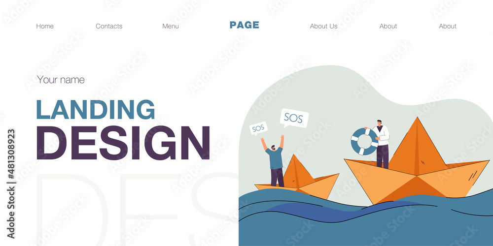 Fototapeta premium Tiny man on paper ship at sea asking friend for help. Male person with lifebuoy trying to help flat vector illustration. SOS, trouble concept for banner, website design or landing web page