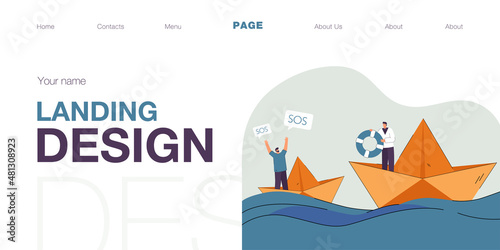 Tiny man on paper ship at sea asking friend for help. Male person with lifebuoy trying to help flat vector illustration. SOS, trouble concept for banner, website design or landing web page