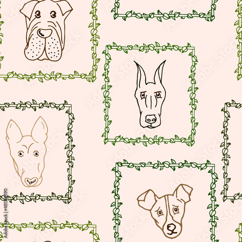 seamless pattern, dog muzzles in a vegetable frame