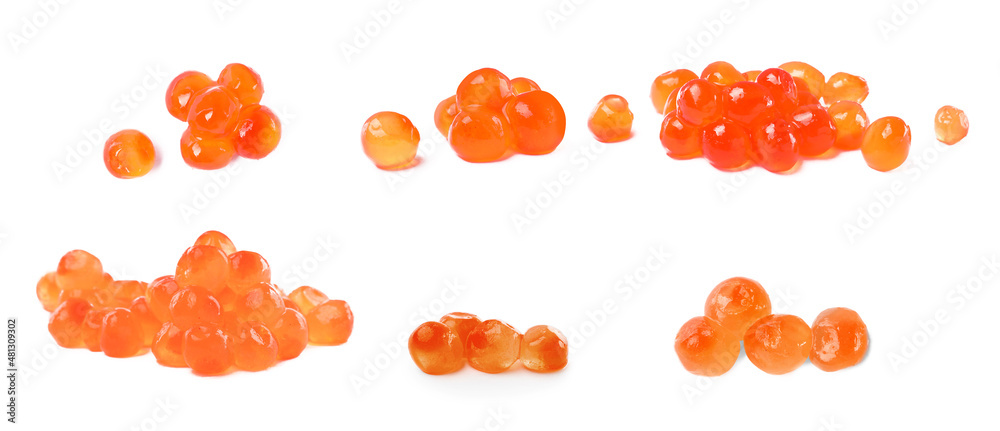 Set with delicious red caviar on white background. Banner design Set with delicious red caviar on white background. Banner design
