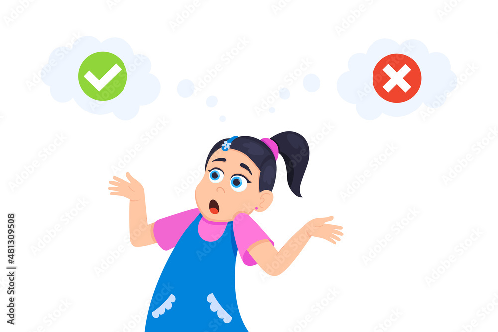 Little doubt girl between right and wrong check marks flat style design vector illustration isolated on white background. Cute girl thinking about something right and wrong choice concept. Little doubt girl between right and wrong check marks flat style design vector illustration isolated on white background. Cute girl thinking about something right and wrong choice concept.