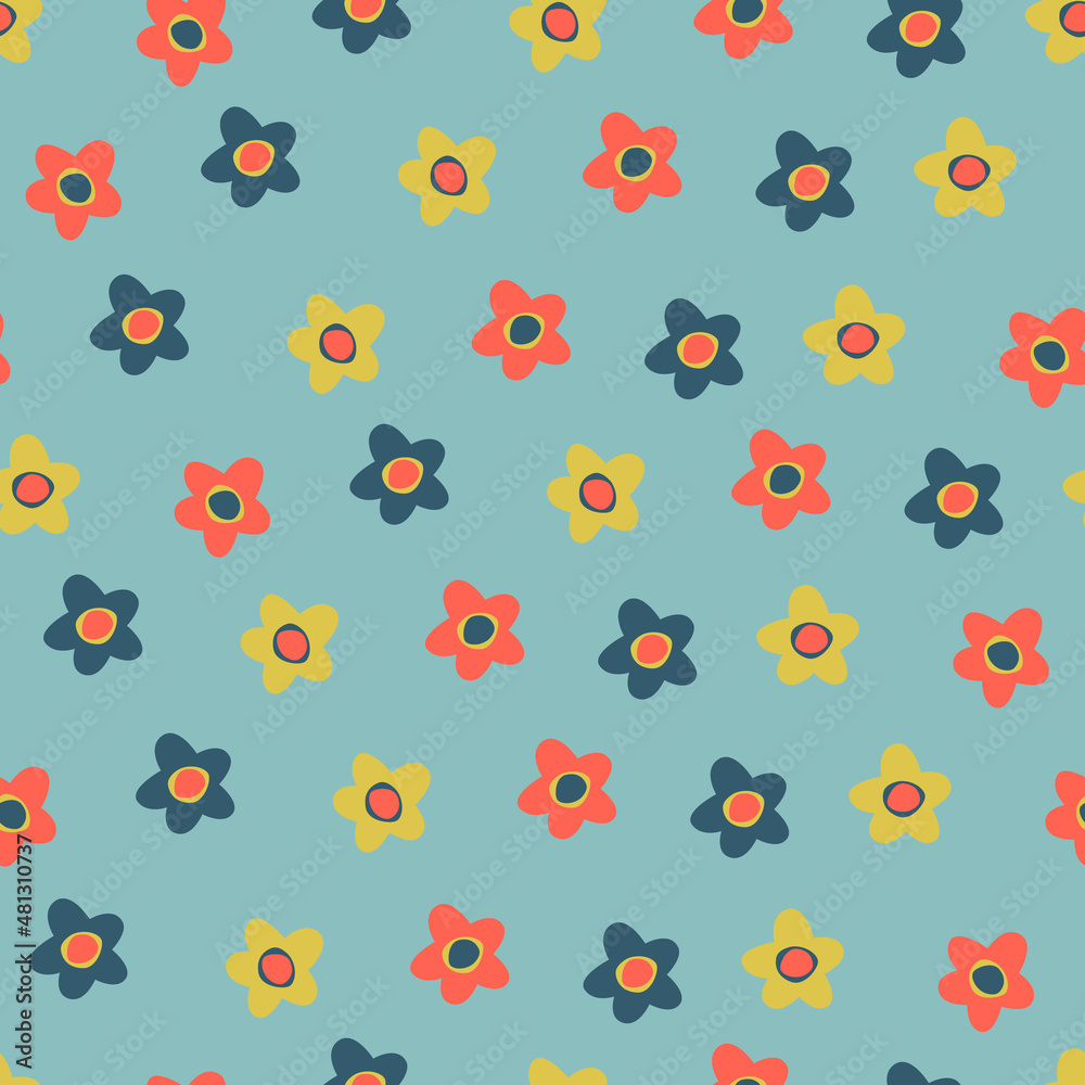 Seamless pattern with small colorful flowers in Ditsy style. Retro 60s, 70s design for gift wrap, textile, home decor Seamless pattern with small colorful flowers in Ditsy style. Retro 60s, 70s design for gift wrap, textile, home decor