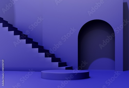 Abstract composition  background of geometric objects - 3D render. Minimal bright studio with showcase. Empty Podium  stand of stairs   arches for advertising  presentation of goods  products. 