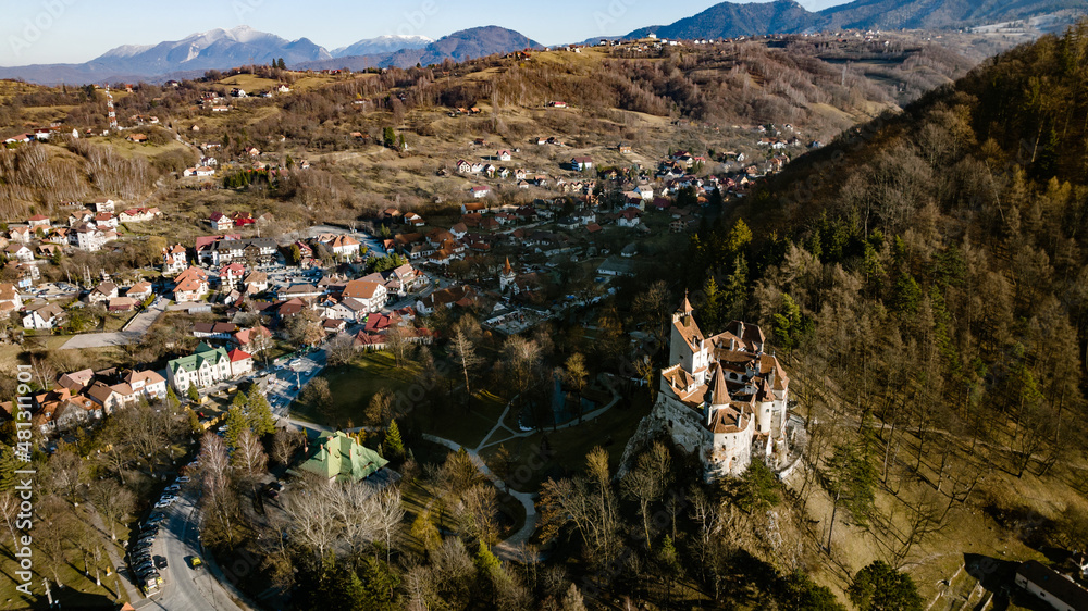 Aerial footage of a Castle in Transylvania on a sunny day