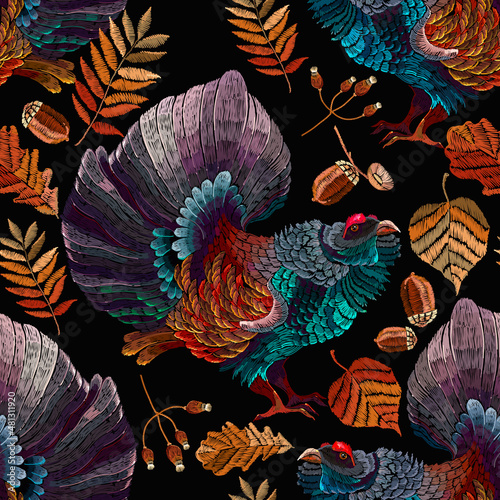 Canvastavla Wood grouse birds and autumn leaves seamless pattern