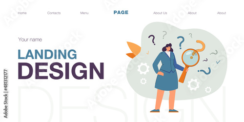 Analyst searching answer to question with magnifying glass. Curious woman analyzing business information with question marks overhead flat vector illustration. Analysis, FAQ, customer support concept