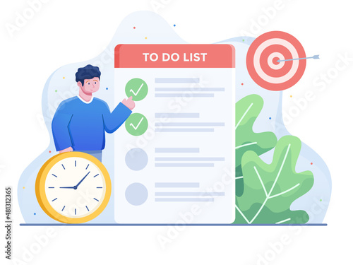 Illustration of Good Time Management to Reach The Target. Organize schedule, People Checking the To Do List. Can be used for presentation, web, landing page, apps, animation, social media, etc.
