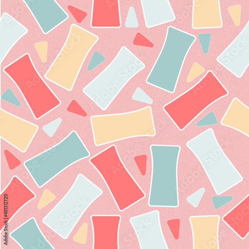 Seamless pattern of abstract red, yellow, green elements on a pink background with texture for textile.