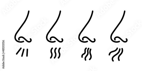 Nose and breath icon. Nasal breathing. Human organ of smell. Unpleasant smell. Nose inhales fragrance. Set of outline icons. Vector illustration in line style on white background. Editable stroke.