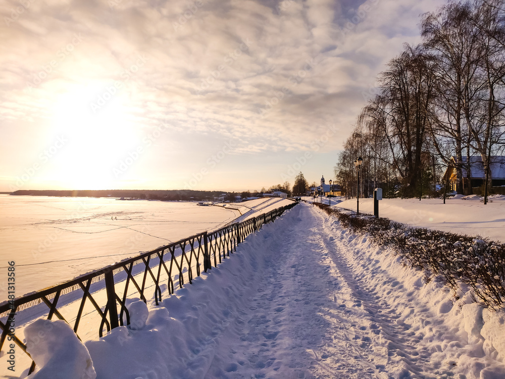 Rural Russian winter landscape with Volga river and Myshkin village