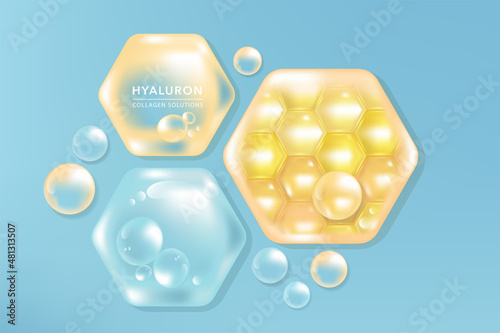 Hyaluronic acid skin solutions ad, blue and yellow collagen serum drops with cosmetic advertising background ready to use, illustration vector.