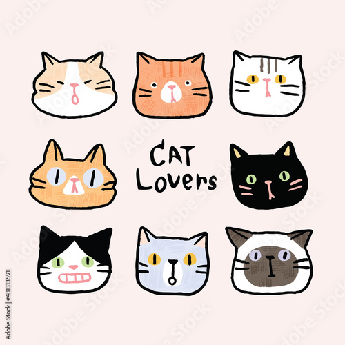 Vector Illustration of Cartoon Cat Face and  Cat Lover  Letters on Isolated Background