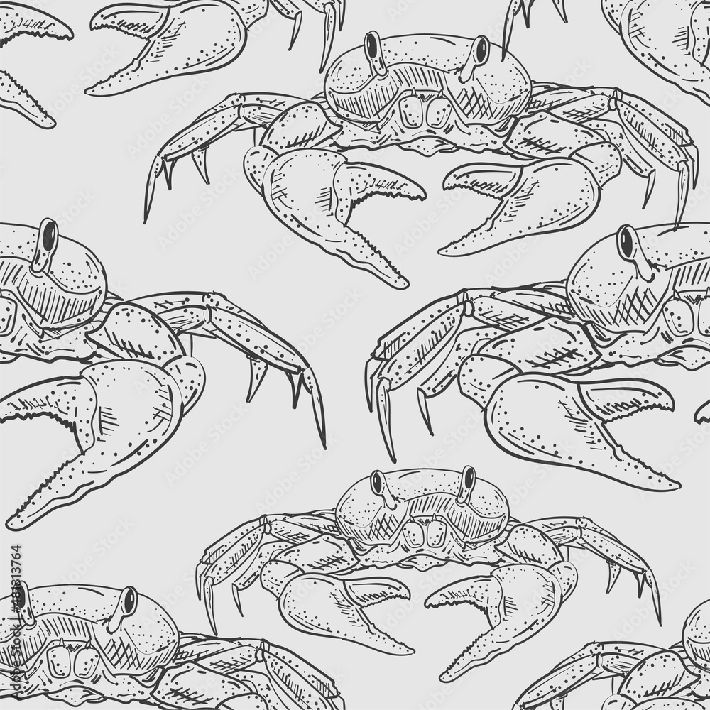 Crab pattern seamless hand drawing sketch. linear sea cancer background. Baby fabric ornament