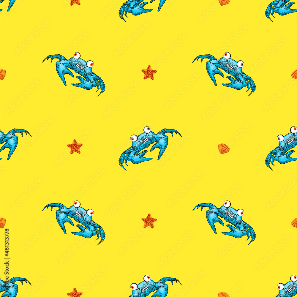 Fototapeta premium Cartoon Crab pattern seamless. sea cancer background. Baby fabric ornament