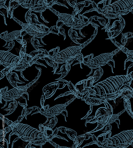 Scorpion hand drawing sketch pattern seamless. linear terrestrial arachnid background. Vector texture