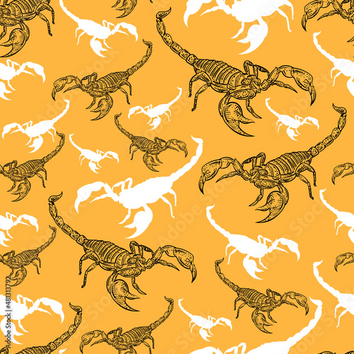 Scorpion hand drawing sketch pattern seamless. linear terrestrial arachnid background. Vector texture