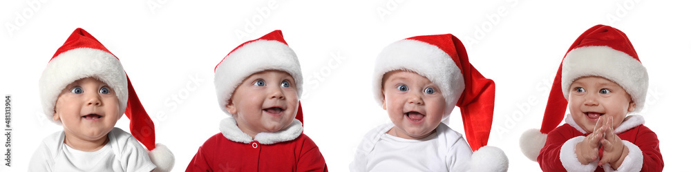 Collage with photos of cute baby on white background, banner design. First Christmas Collage with photos of cute baby on white background, banner design. First Christmas